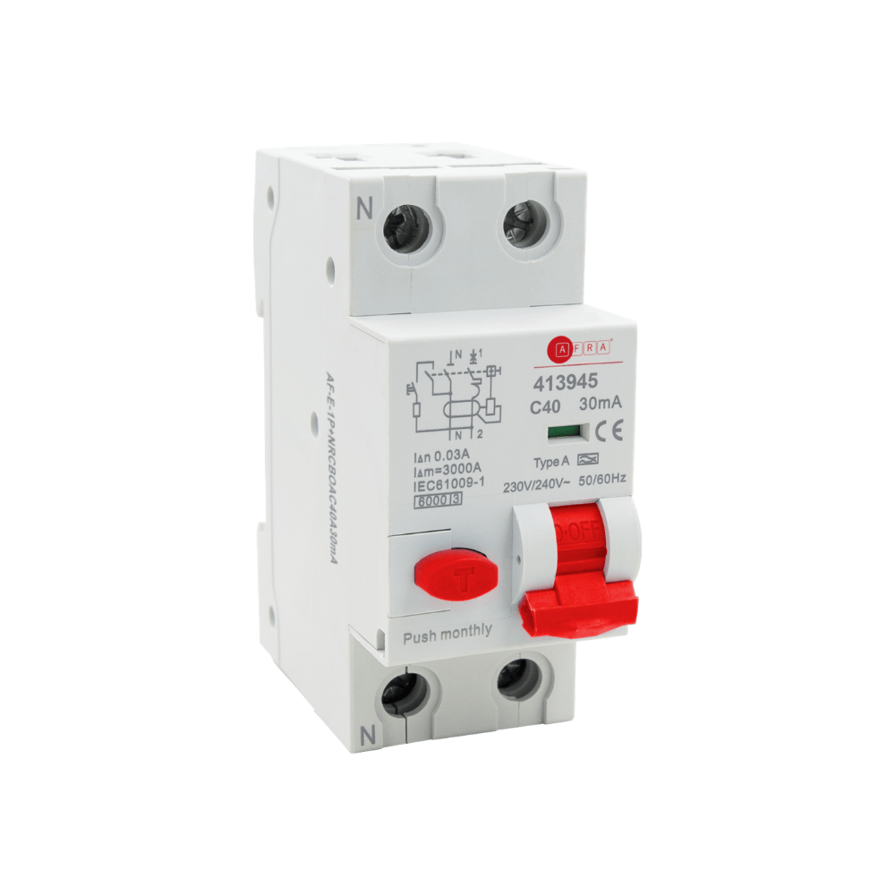AFRA TSN9-63L 1P+N 40A C Curve RCBO – 30mA, Type AC, 6kA, 230V, IEC/EN 61008-1