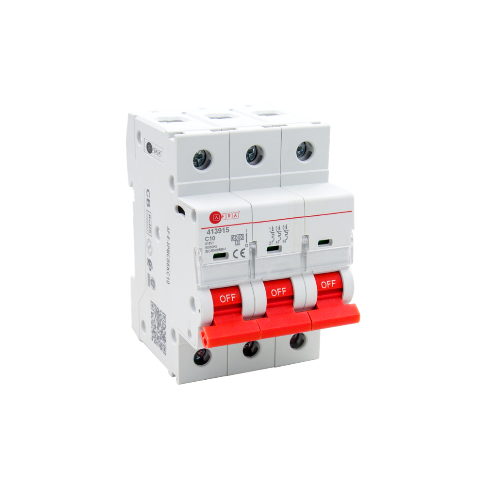 AFRA TSB3-63 3P 10A MCB – C Curve, 6kA, 415V, IEC/EN 60898